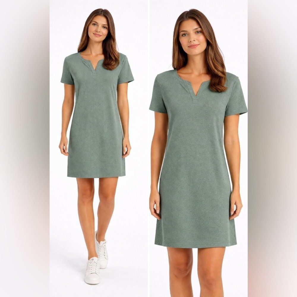 LL Bean Womens Sage Green Cotton Slub Jersey Split Neck T-Shirt Dress  M